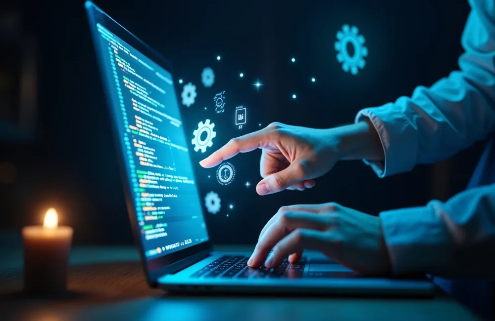 persons-hands-interact-with-laptop-screen-displaying-lines-code-digital-gears-icons-float persons-hands-interact-with-laptop-screen-displaying-lines-code-digital-gears-icons-float